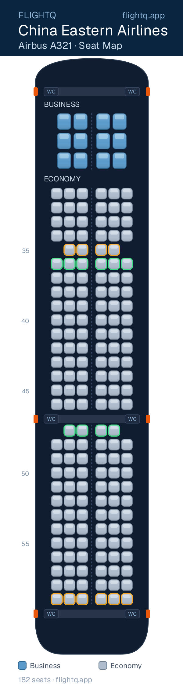 China Eastern Airlines Airbus A321 seat map with 182 seats across 2 cabins — best seats and rows to avoid