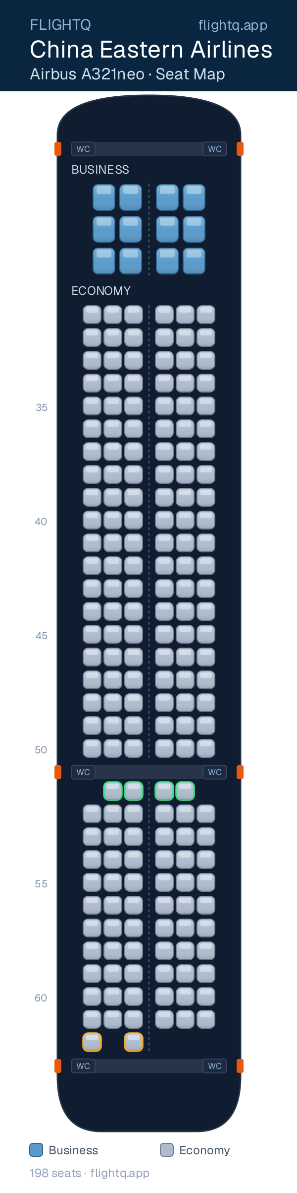 China Eastern Airlines Airbus A321neo seat map with 198 seats across 2 cabins — best seats and rows to avoid