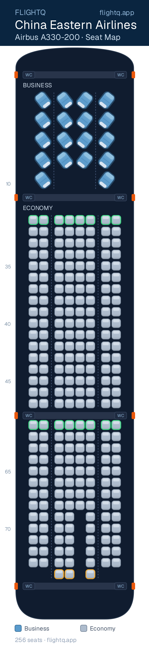 China Eastern Airlines Airbus A330-200 seat map with 256 seats across 2 cabins — best seats and rows to avoid