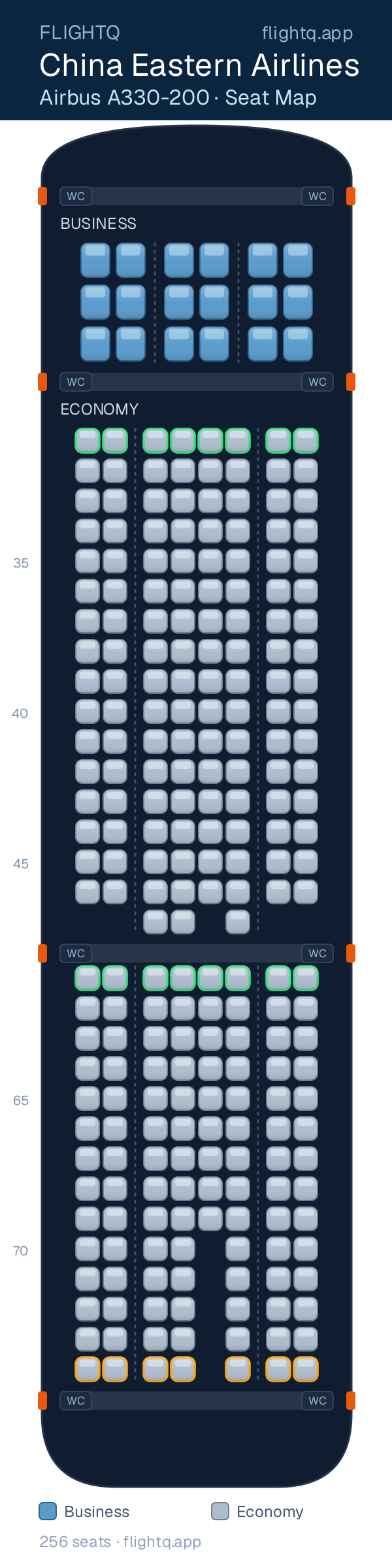 China Eastern Airlines Airbus A330-200 seat map with 256 seats across 2 cabins — best seats and rows to avoid