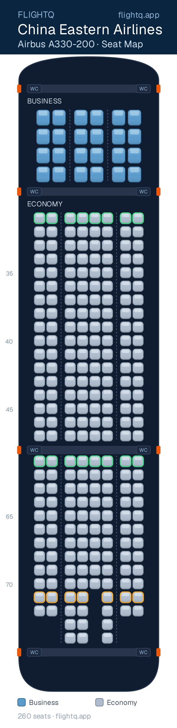 China Eastern Airlines Airbus A330-200 seat map with 260 seats across 2 cabins — best seats and rows to avoid