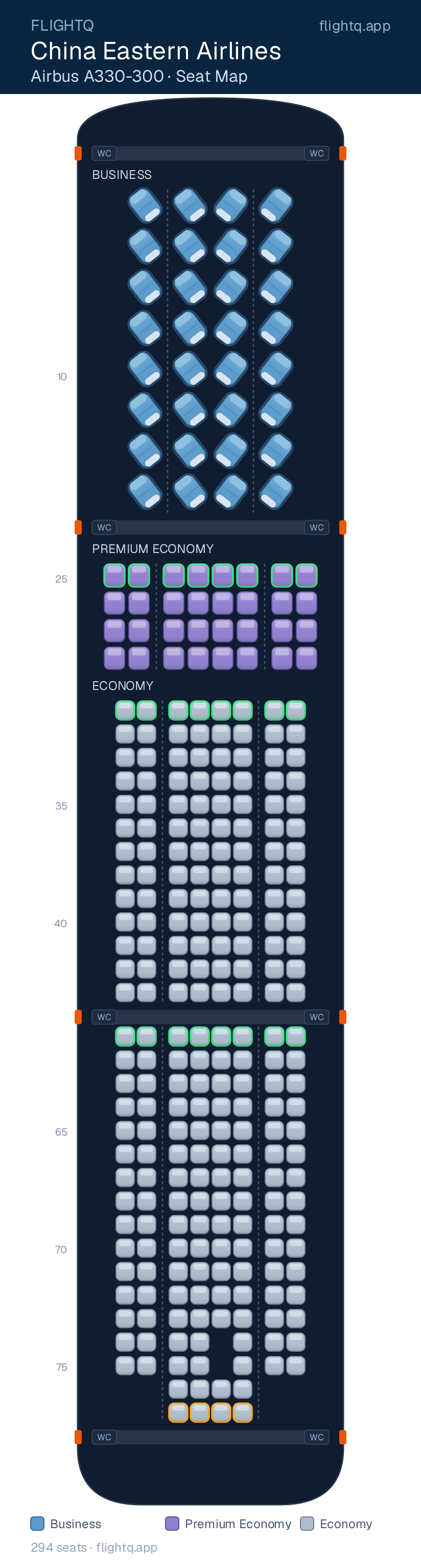 China Eastern Airlines Airbus A330-300 seat map with 294 seats across 3 cabins — best seats and rows to avoid