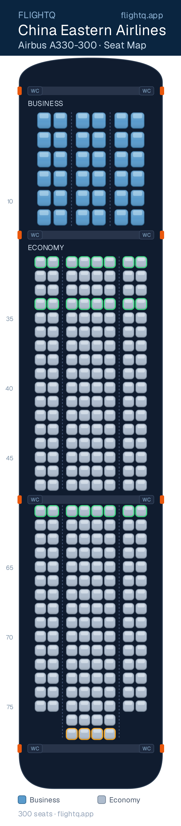 China Eastern Airlines Airbus A330-300 seat map with 300 seats across 2 cabins — best seats and rows to avoid