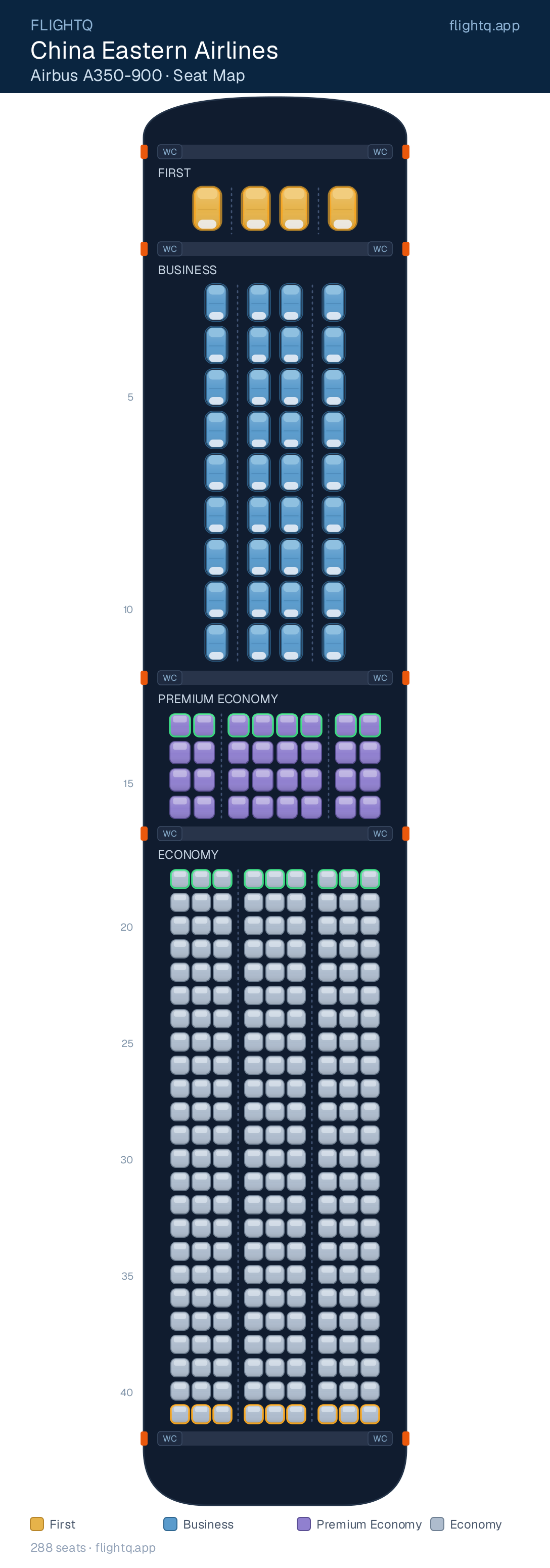 China Eastern Airlines Airbus A350-900 seat map with 288 seats across 4 cabins — best seats and rows to avoid