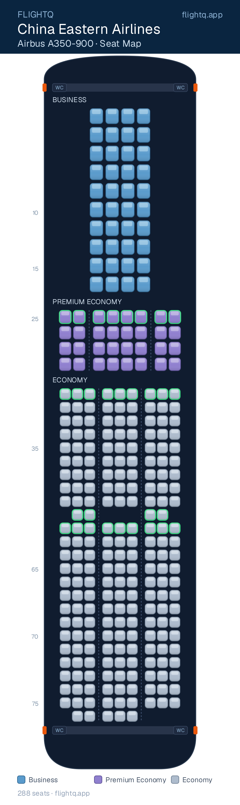 China Eastern Airlines Airbus A350-900 seat map with 288 seats across 3 cabins — best seats and rows to avoid