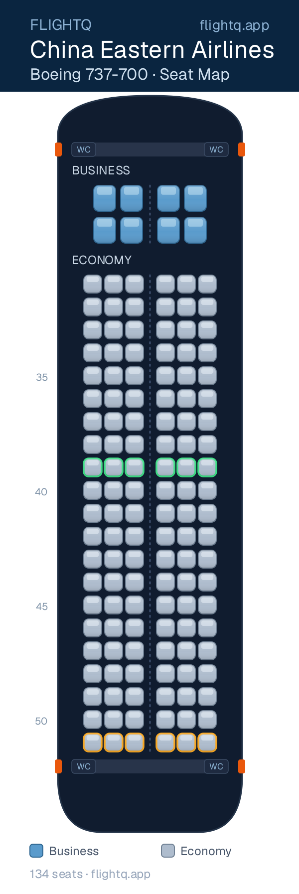 China Eastern Airlines Boeing 737-700 seat map with 134 seats across 2 cabins — best seats and rows to avoid