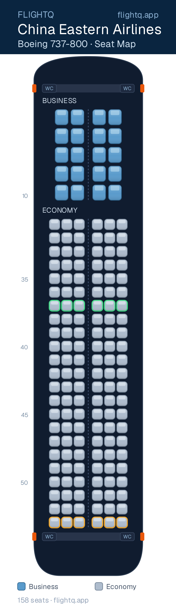 China Eastern Airlines Boeing 737-800 seat map with 158 seats across 2 cabins — best seats and rows to avoid