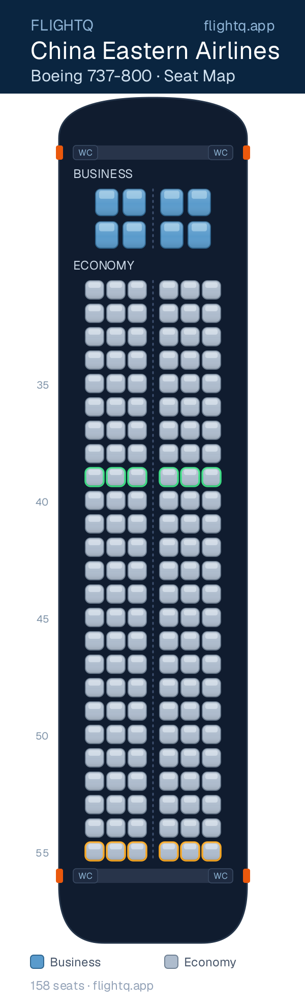 China Eastern Airlines Boeing 737-800 seat map with 158 seats across 2 cabins — best seats and rows to avoid