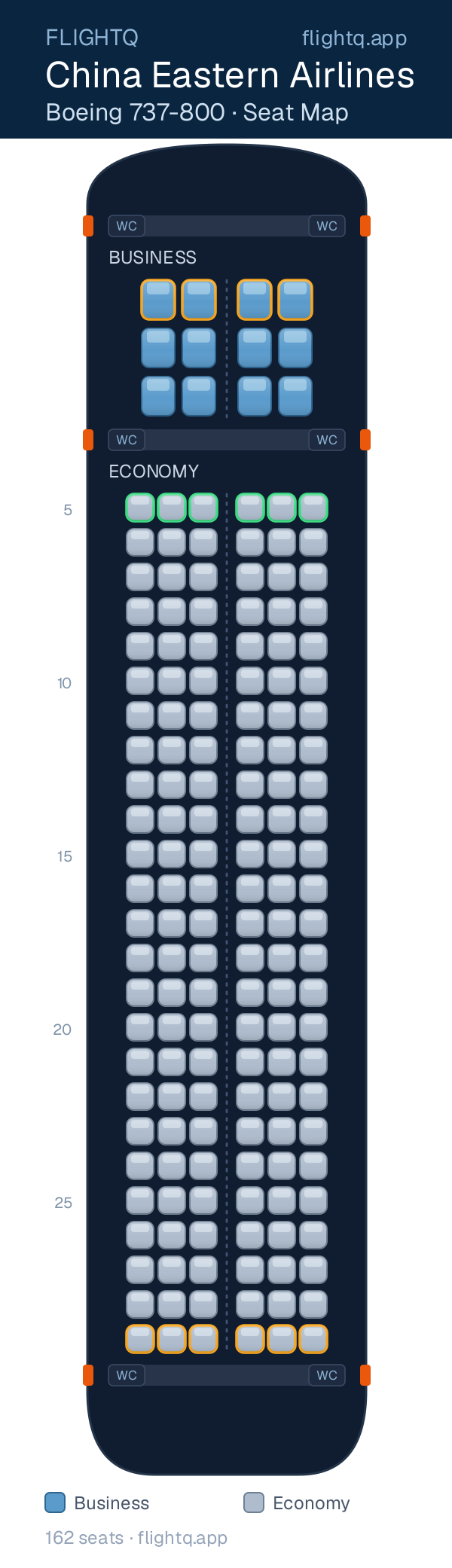China Eastern Airlines Boeing 737-800 seat map with 162 seats across 2 cabins — best seats and rows to avoid