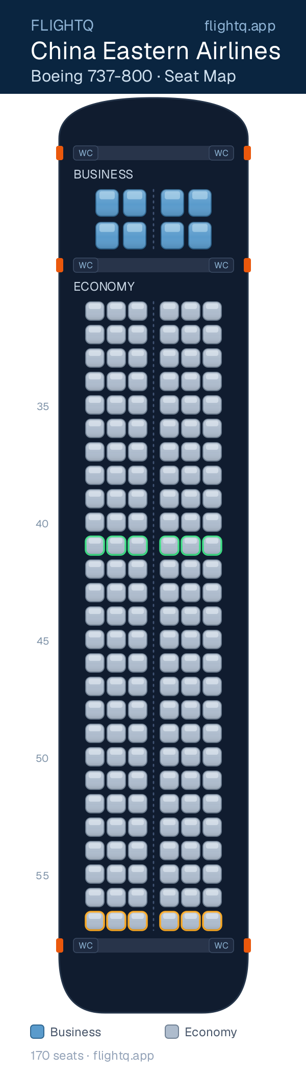 China Eastern Airlines Boeing 737-800 seat map with 170 seats across 2 cabins — best seats and rows to avoid