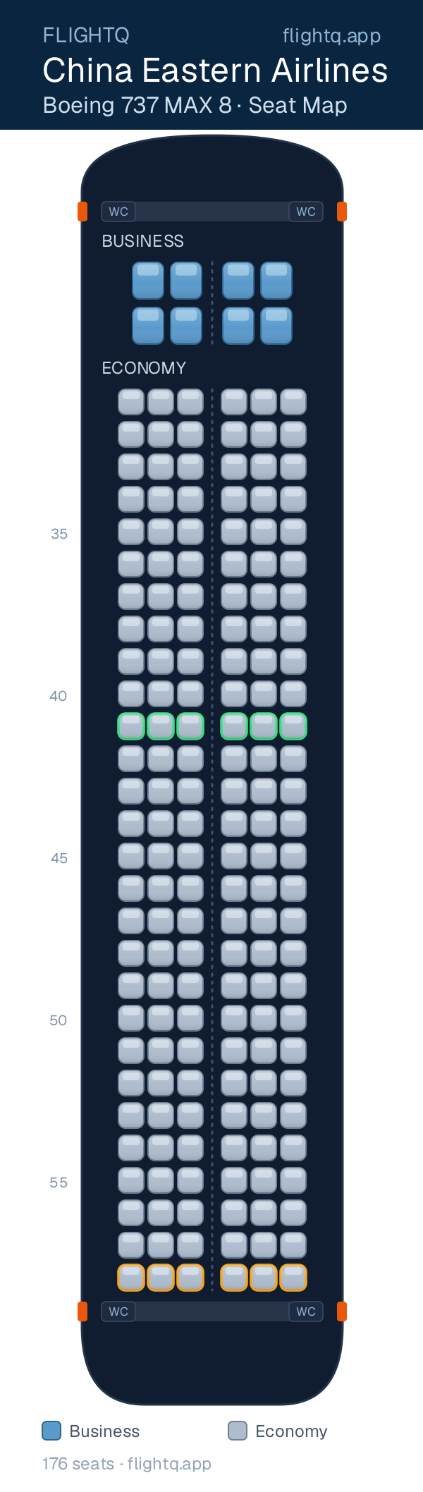 China Eastern Airlines Boeing 737 MAX 8 seat map with 176 seats across 2 cabins — best seats and rows to avoid