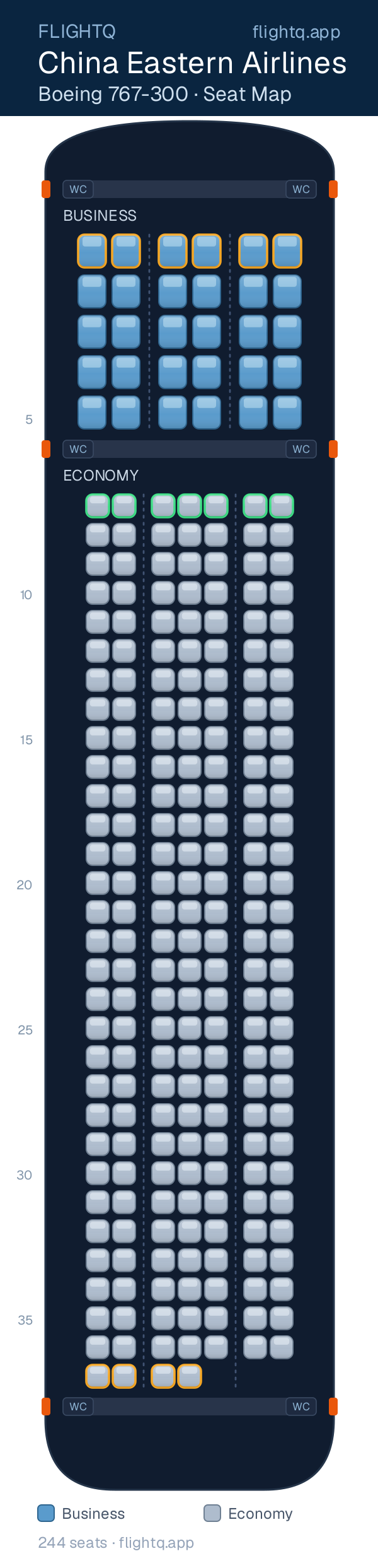 China Eastern Airlines Boeing 767-300ER seat map with 244 seats across 2 cabins — best seats and rows to avoid