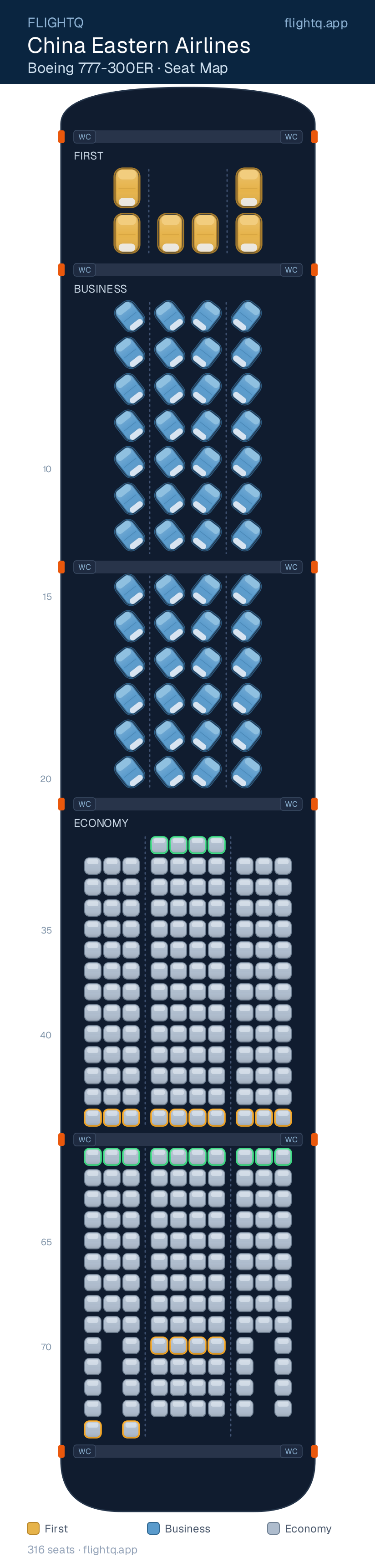 China Eastern Airlines Boeing 777-300ER seat map with 316 seats across 3 cabins — best seats and rows to avoid