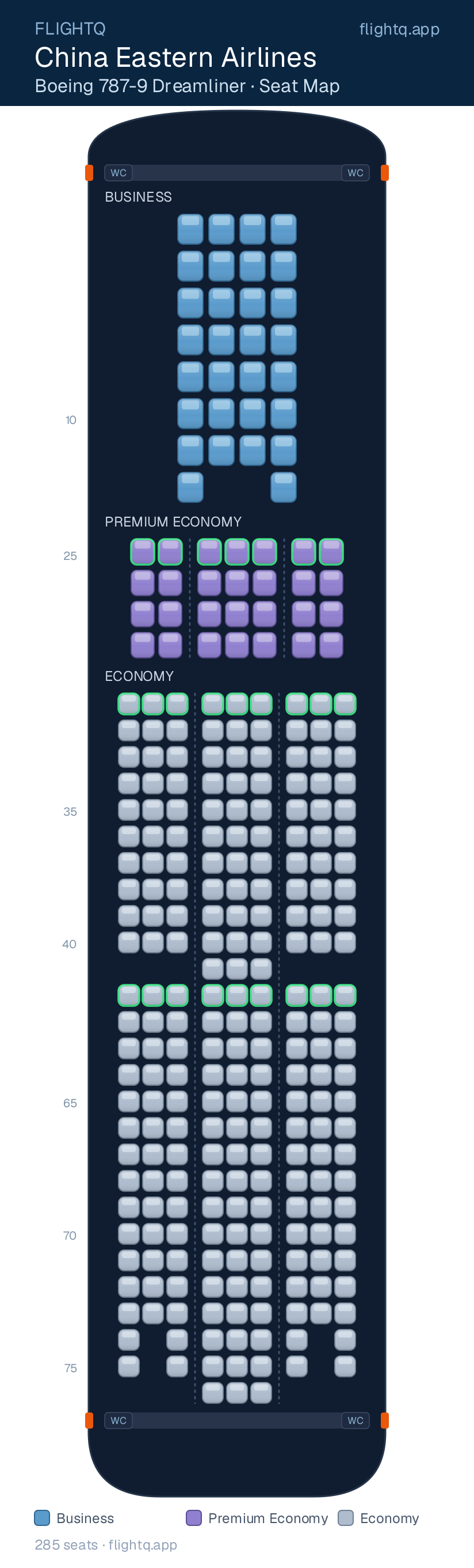 China Eastern Airlines Boeing 787-9 Dreamliner seat map with 285 seats across 3 cabins — best seats and rows to avoid