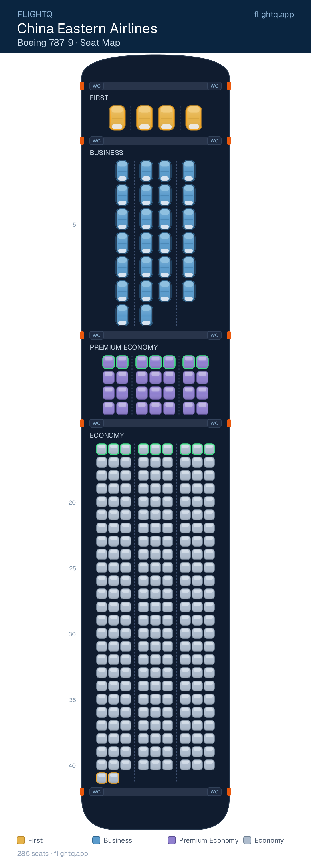 China Eastern Airlines Boeing 787-9 Dreamliner seat map with 285 seats across 4 cabins — rows to avoid