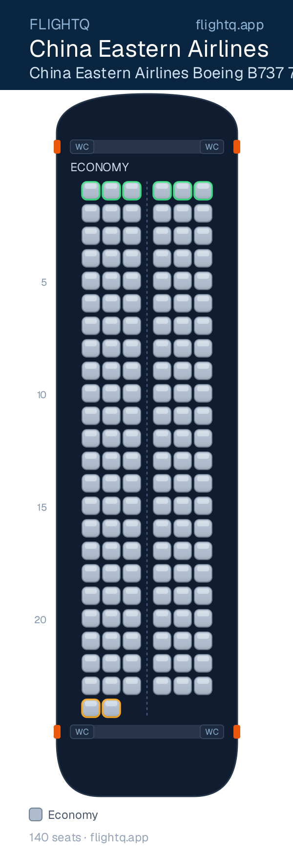 China Eastern Airlines Boeing 737-700 seat map with 140 seats — best seats and rows to avoid