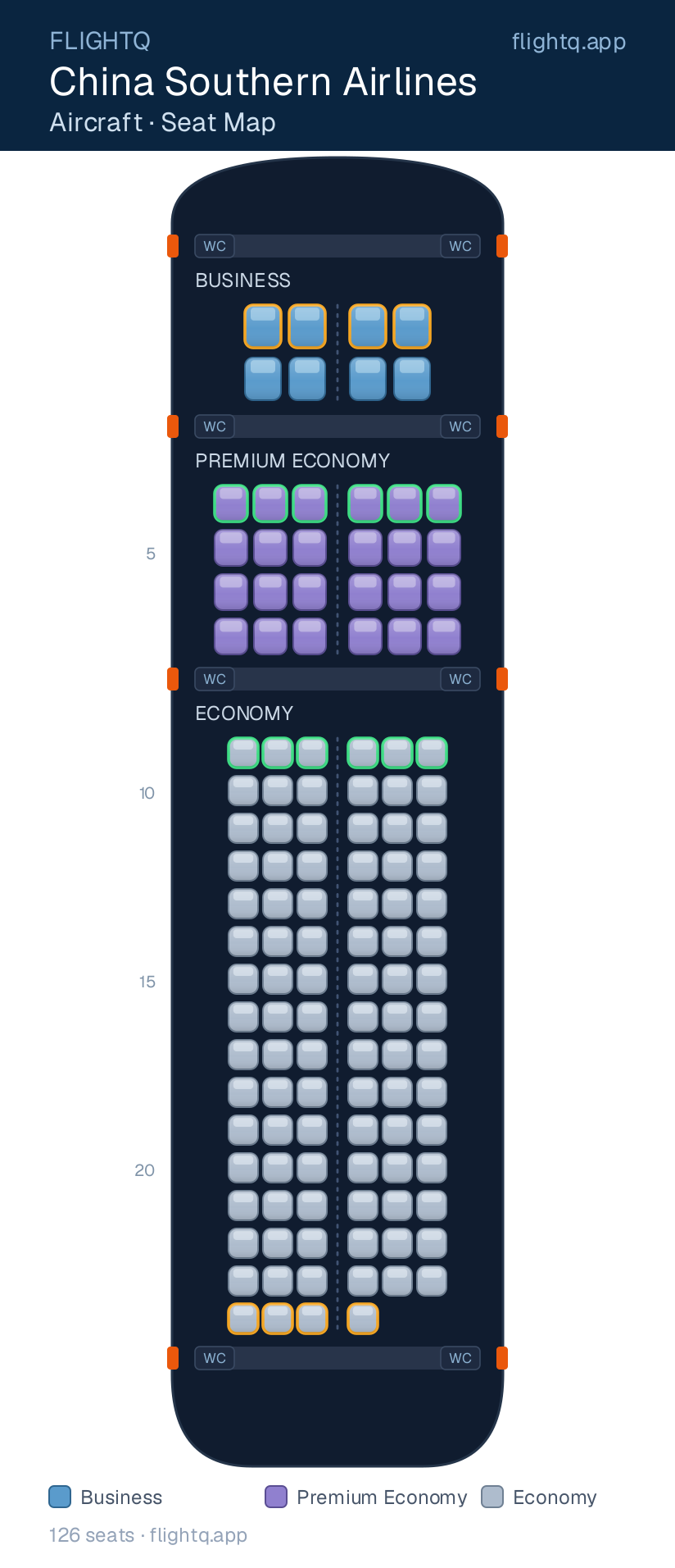 China Southern Airlines  seat map with 126 seats across 3 cabins — best seats and rows to avoid