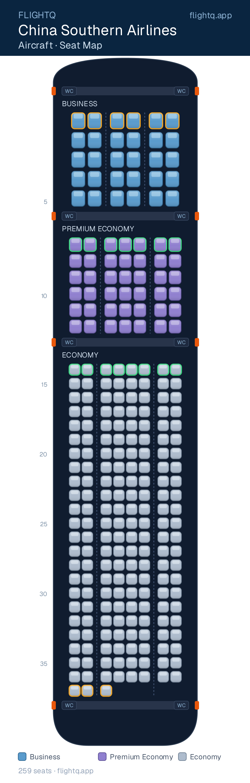 China Southern Airlines seat map with 259 seats across 3 cabins — best seats and rows to avoid
