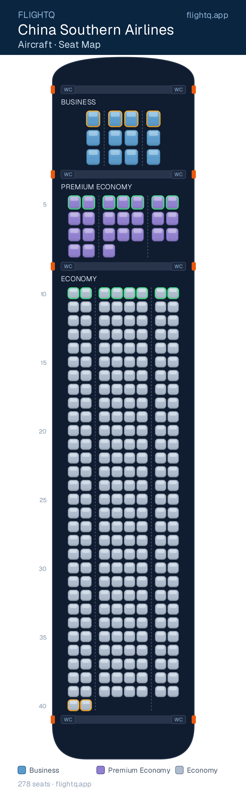 China Southern Airlines  seat map with 278 seats across 3 cabins — best seats and rows to avoid