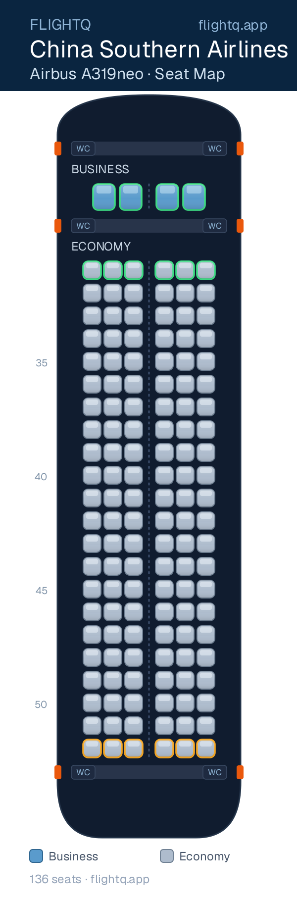 China Southern Airlines Airbus A319neo seat map with 136 seats across 2 cabins — best seats and rows to avoid