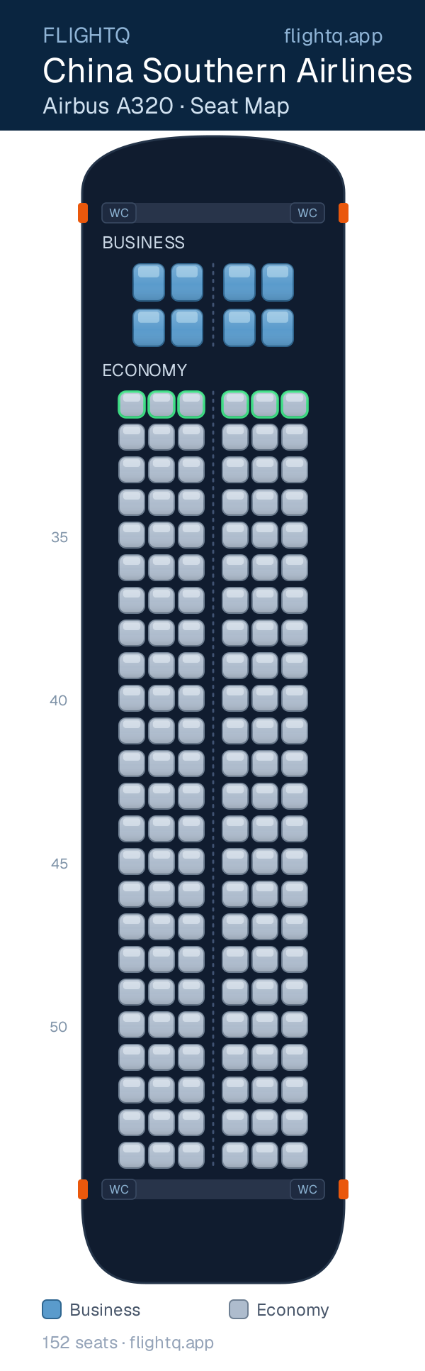 China Southern Airlines Airbus A320 seat map with 152 seats across 2 cabins — best seats and rows to avoid
