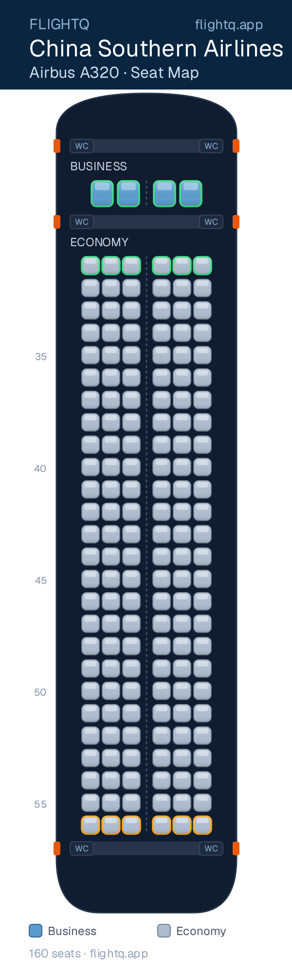 China Southern Airlines Airbus A320 seat map with 160 seats across 2 cabins — best seats and rows to avoid