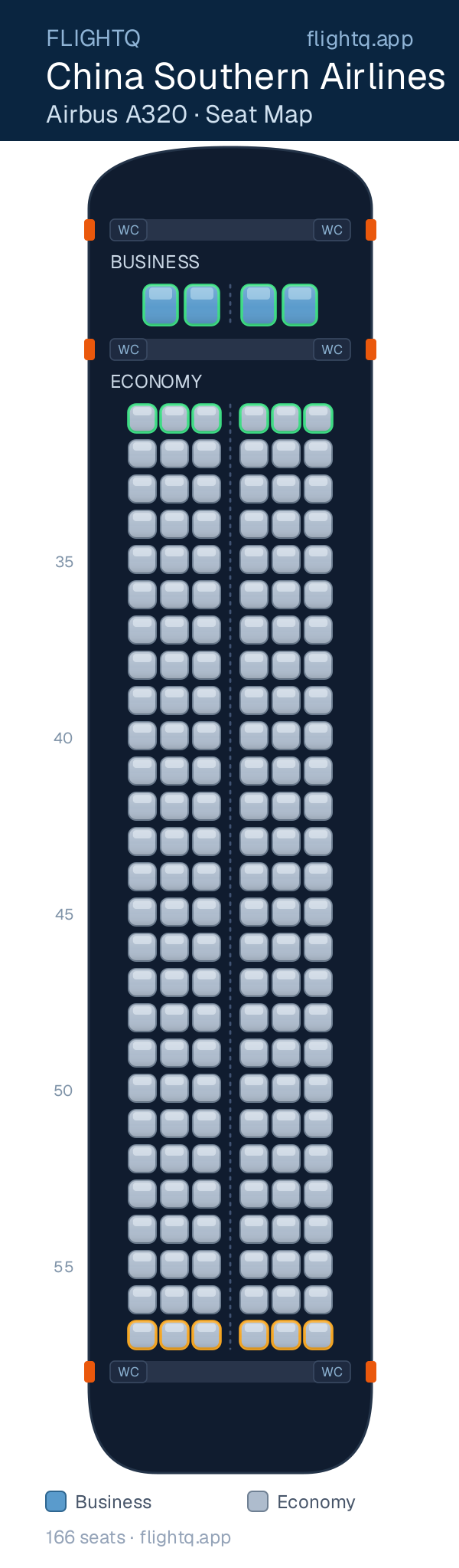 China Southern Airlines Airbus A320 seat map with 166 seats across 2 cabins — best seats and rows to avoid