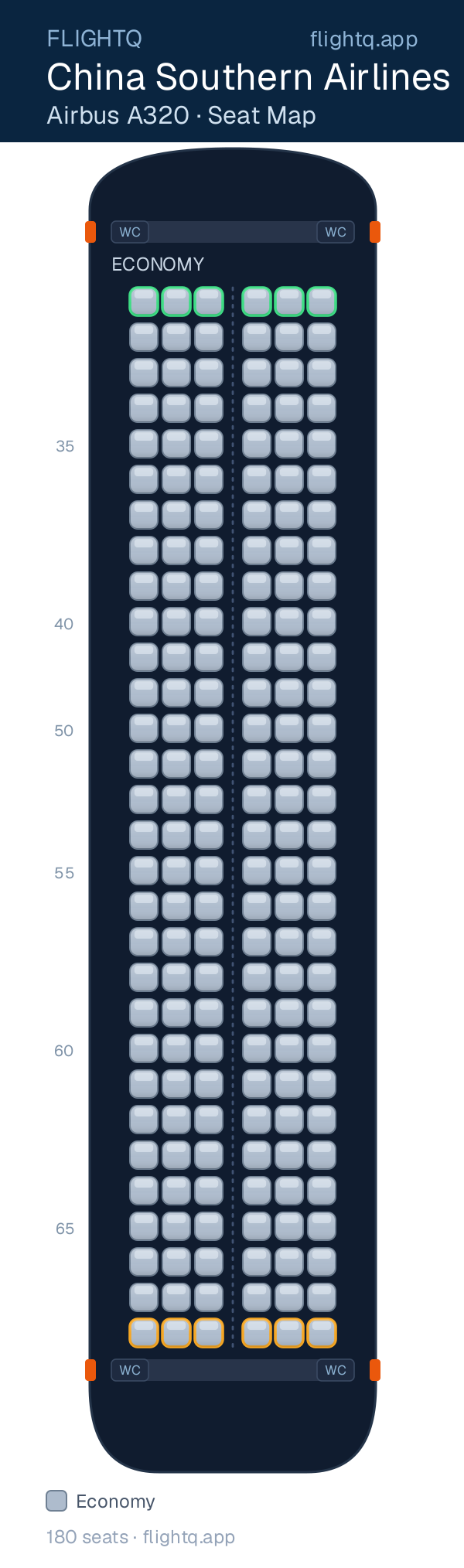 China Southern Airlines Airbus A320 seat map with 180 seats — best seats and rows to avoid