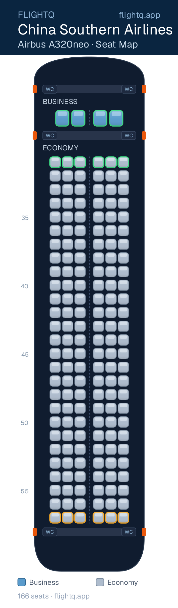 China Southern Airlines Airbus A320neo seat map with 166 seats across 2 cabins — best seats and rows to avoid