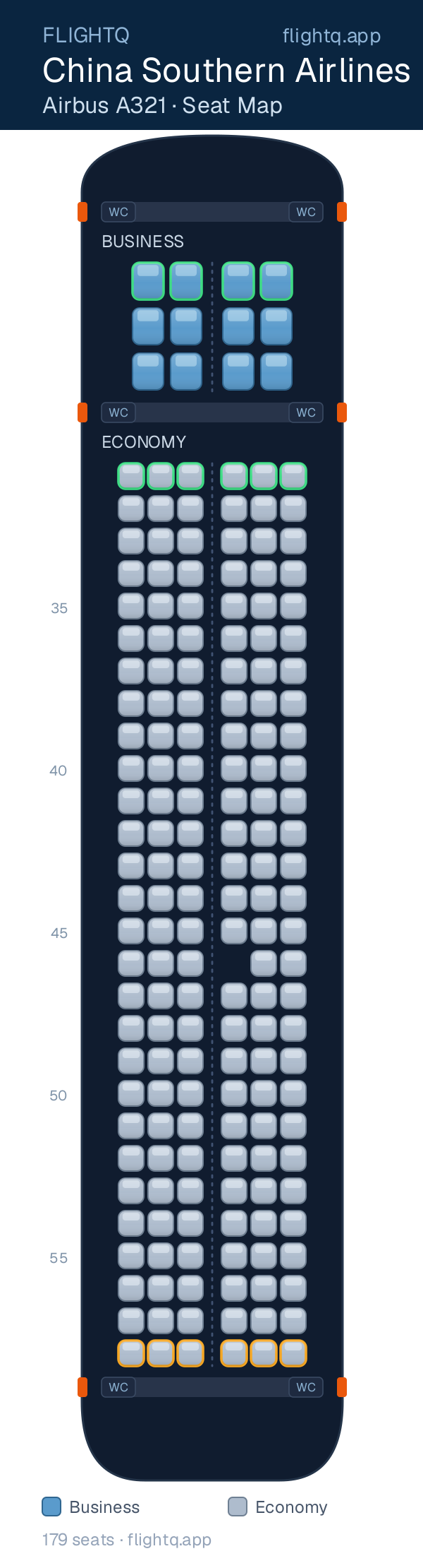 China Southern Airlines Airbus A321 seat map with 179 seats across 2 cabins — best seats and rows to avoid