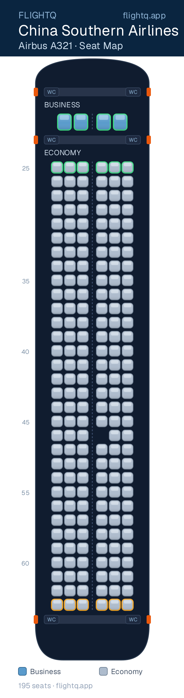 China Southern Airlines Airbus A321 seat map with 195 seats across 2 cabins — best seats and rows to avoid