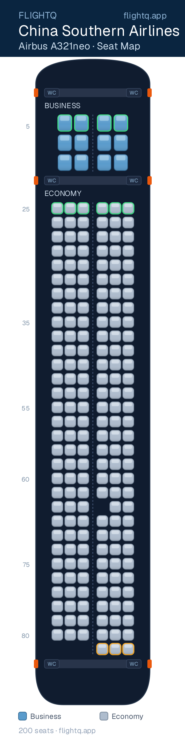China Southern Airlines Airbus A321neo seat map with 200 seats across 2 cabins — best seats and rows to avoid