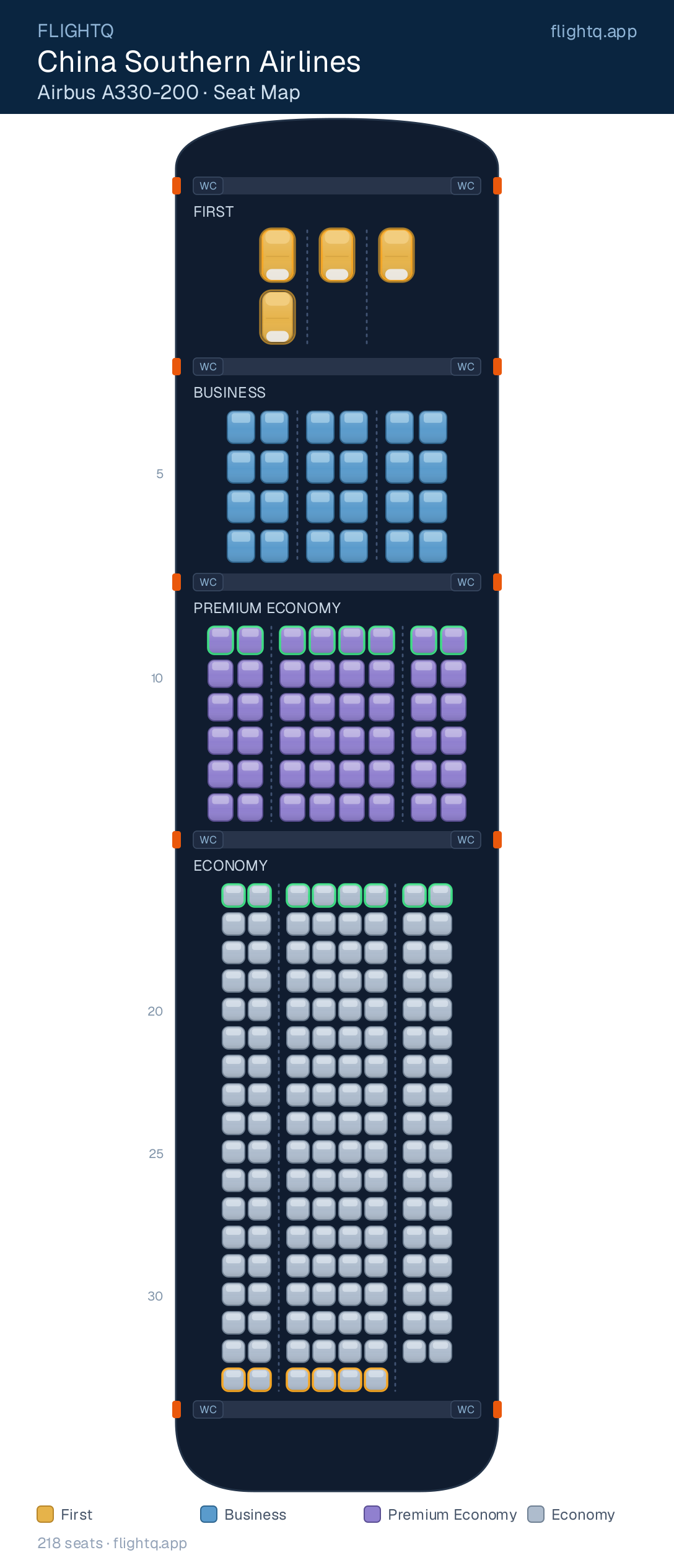 China Southern Airlines Airbus A330-200 seat map with 218 seats across 4 cabins — best seats and rows to avoid