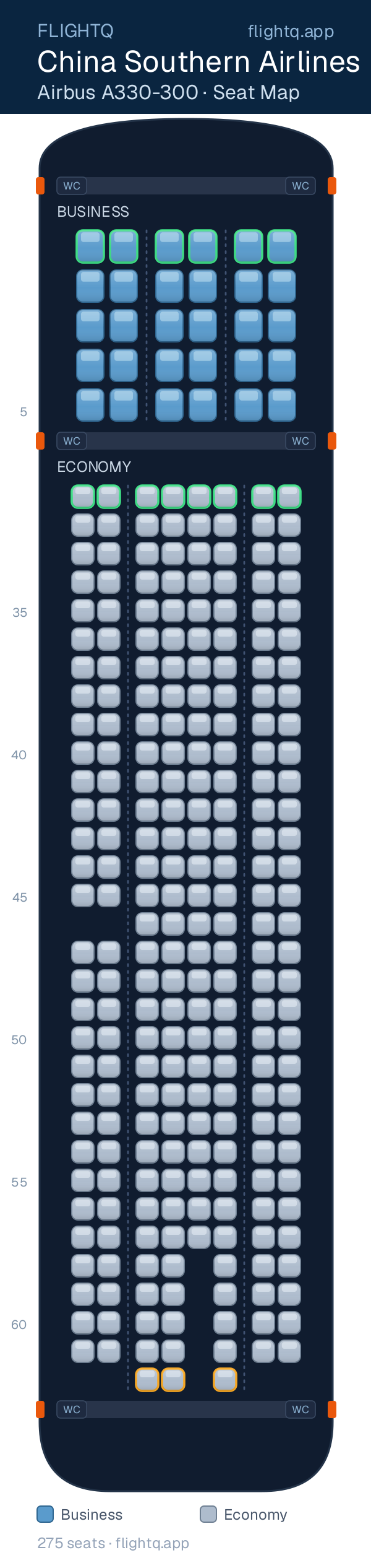 China Southern Airlines Airbus A330-300 seat map with 275 seats across 2 cabins — best seats and rows to avoid