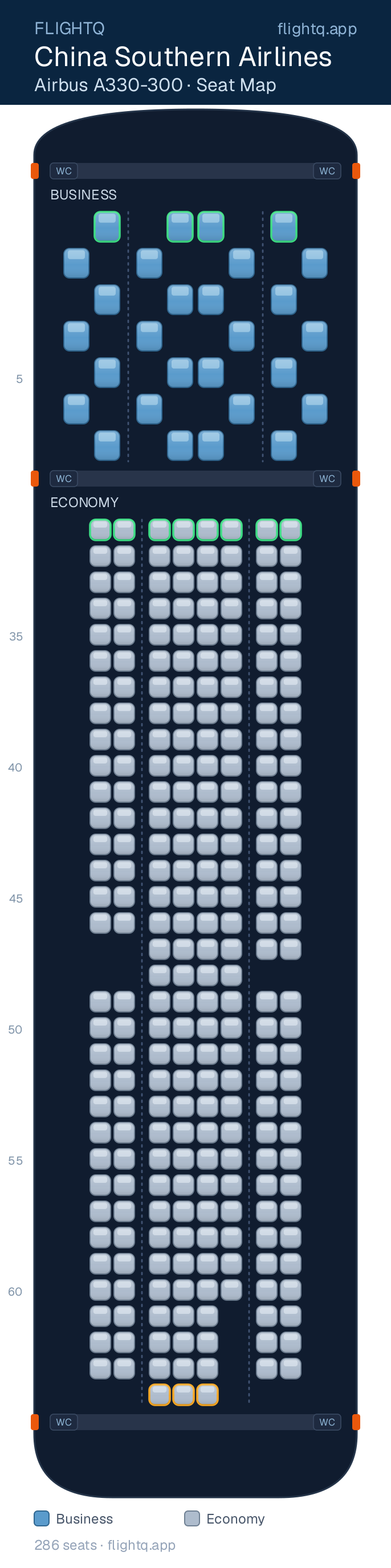 China Southern Airlines Airbus A330-300 seat map with 286 seats across 2 cabins — best seats and rows to avoid