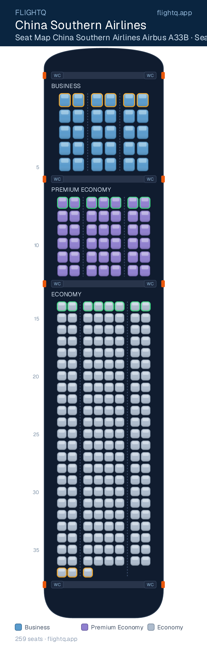 China Southern Airlines Airbus A33B seat map with 259 seats across 3 cabins — rows to avoid