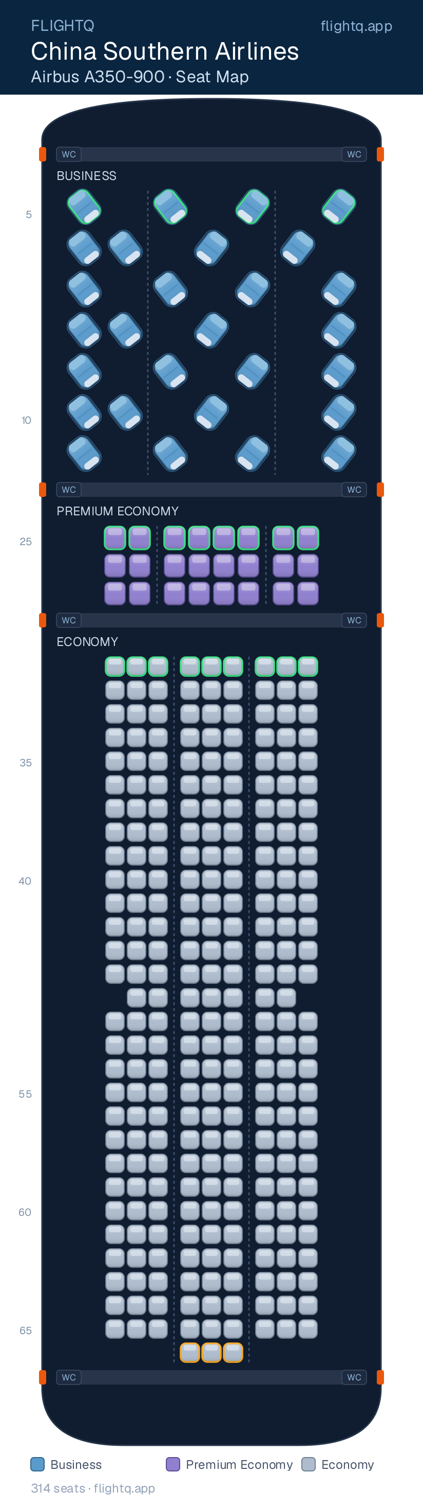 China Southern Airlines Airbus A350-900 seat map with 314 seats across 3 cabins — best seats and rows to avoid