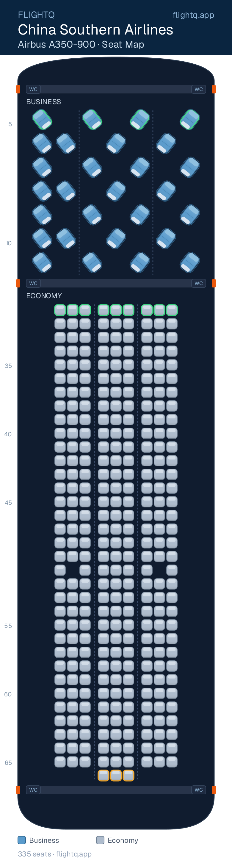 China Southern Airlines Airbus A350-900 seat map with 335 seats across 2 cabins — best seats and rows to avoid