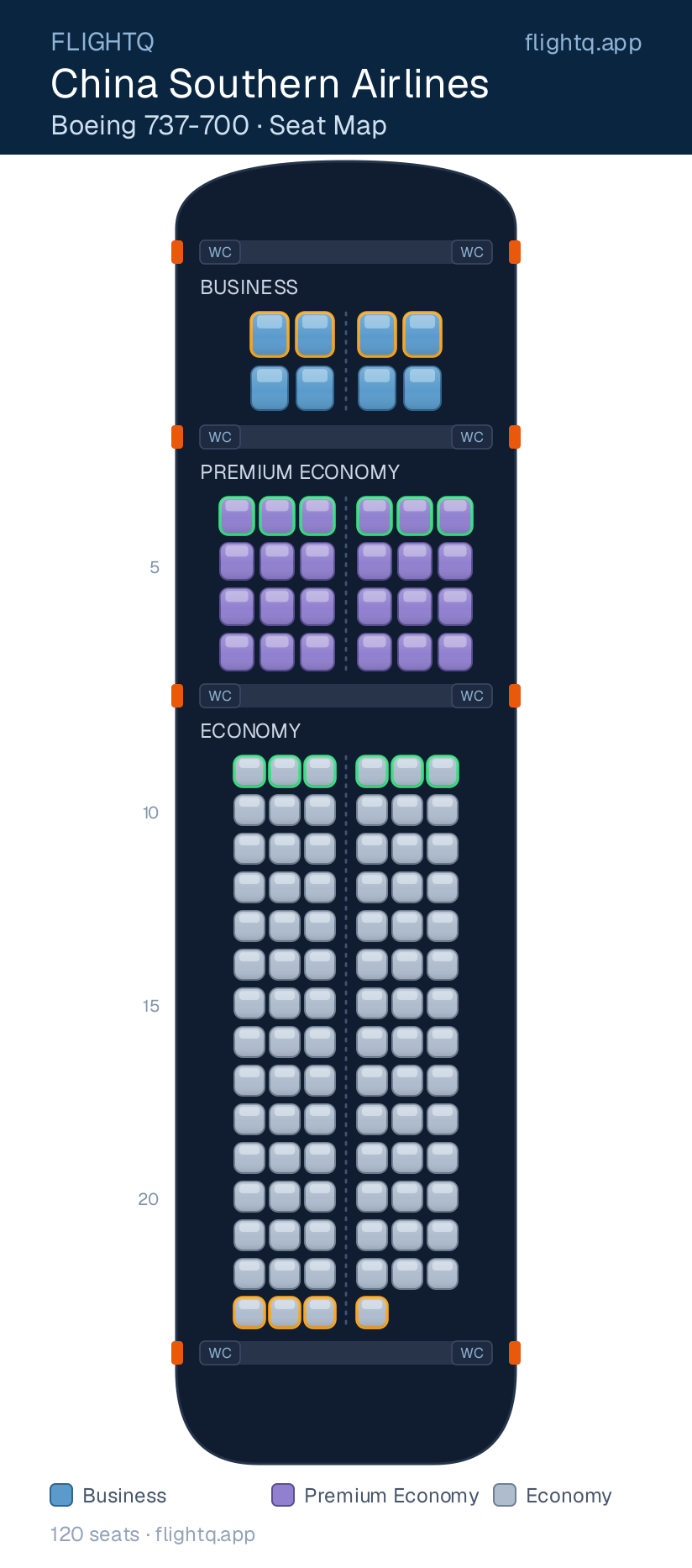 China Southern Airlines Boeing 737-700 seat map with 120 seats across 3 cabins — best seats and rows to avoid