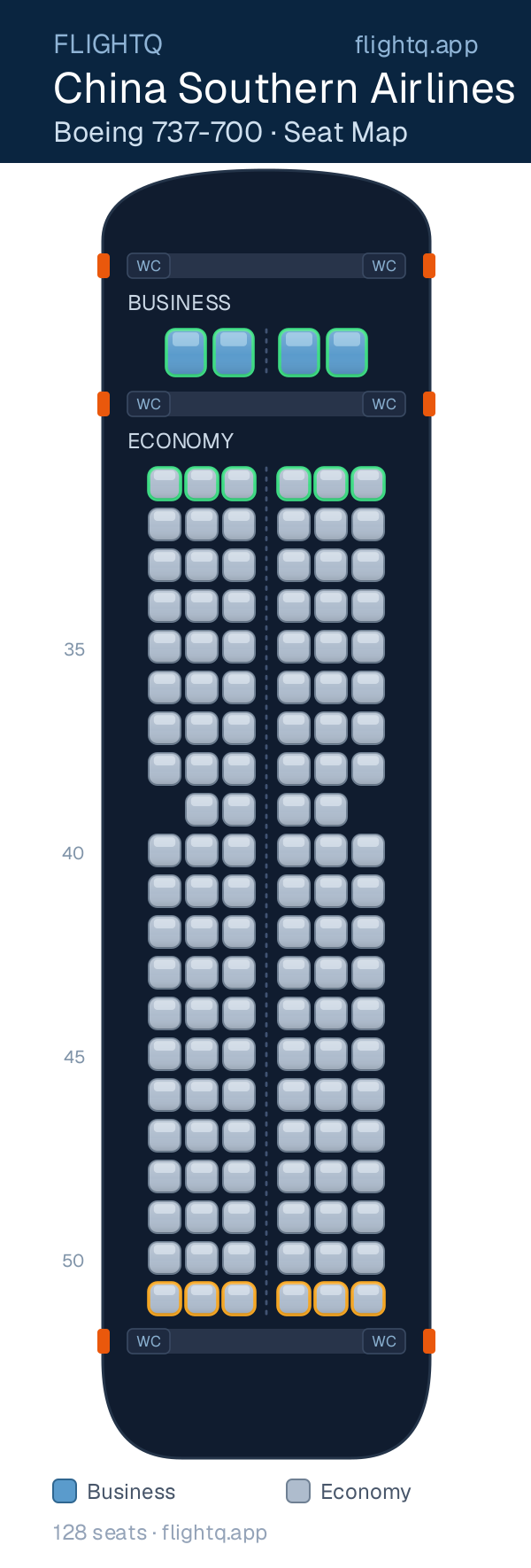 China Southern Airlines Boeing 737-700 seat map with 128 seats across 2 cabins — best seats and rows to avoid