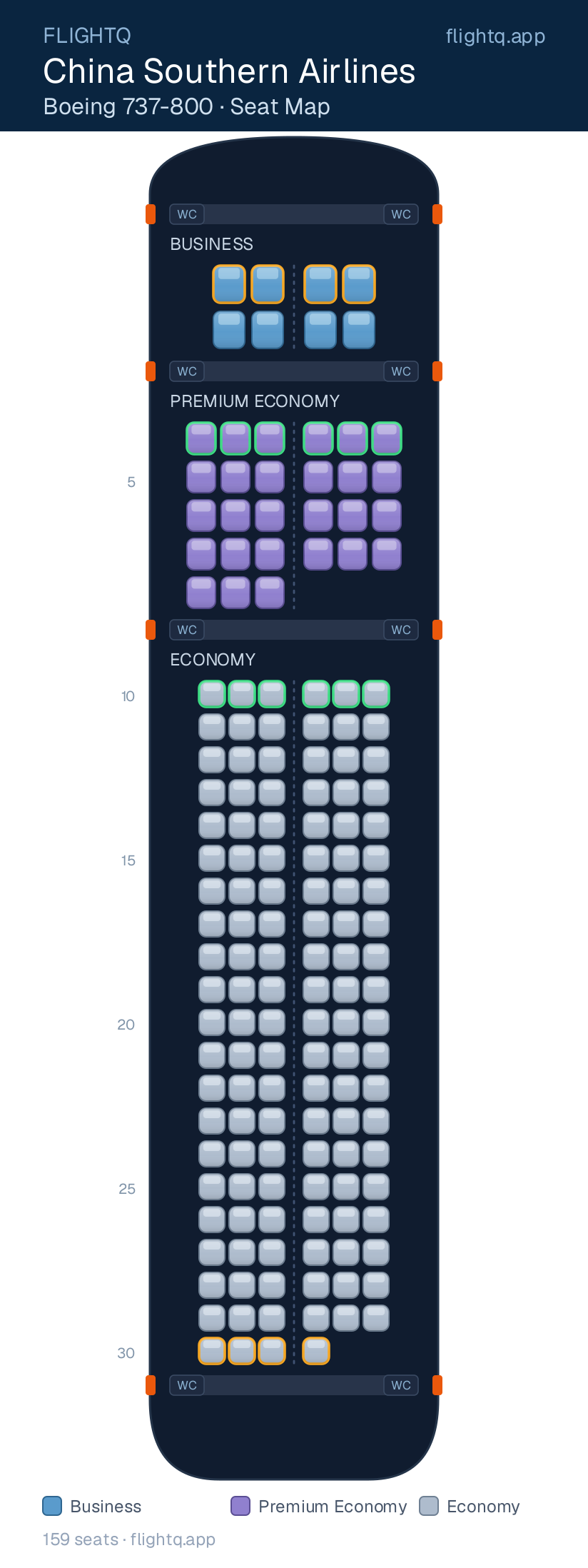 China Southern Airlines Boeing 737-800 seat map with 159 seats across 3 cabins — best seats and rows to avoid