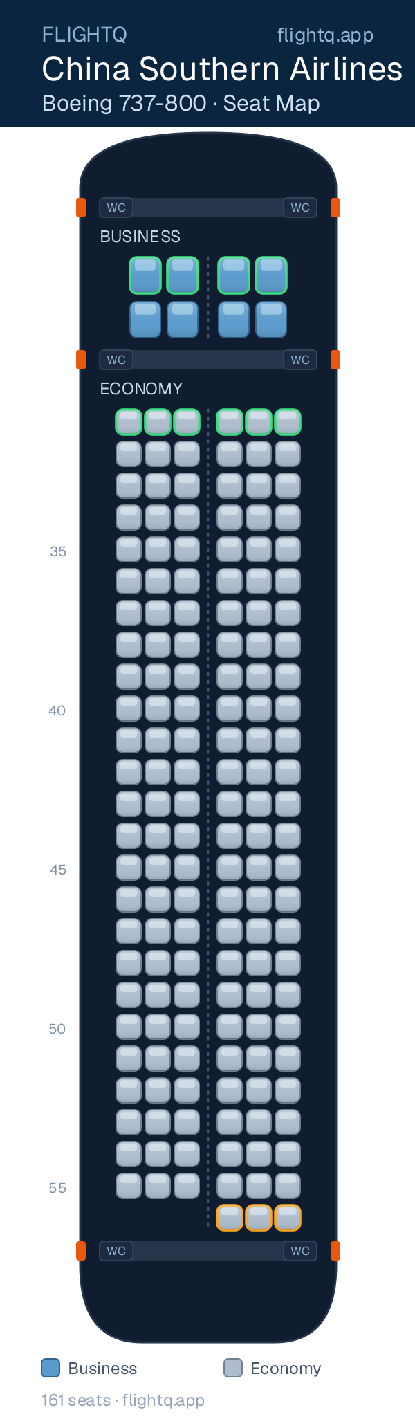 China Southern Airlines Boeing 737-800 seat map with 161 seats across 2 cabins — best seats and rows to avoid
