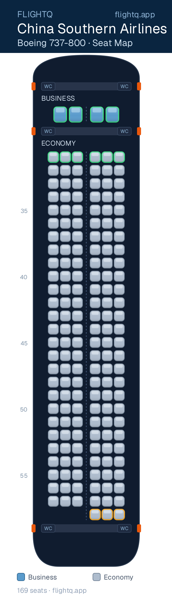 China Southern Airlines Boeing 737-800 seat map with 169 seats across 2 cabins — best seats and rows to avoid