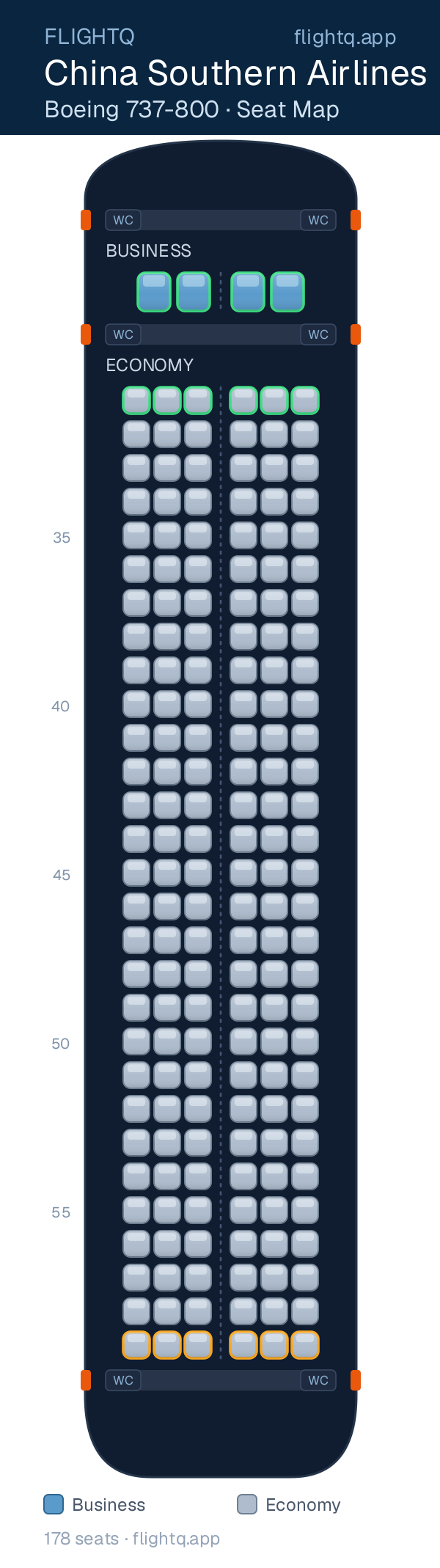China Southern Airlines Boeing 737-800 seat map with 178 seats across 2 cabins — best seats and rows to avoid