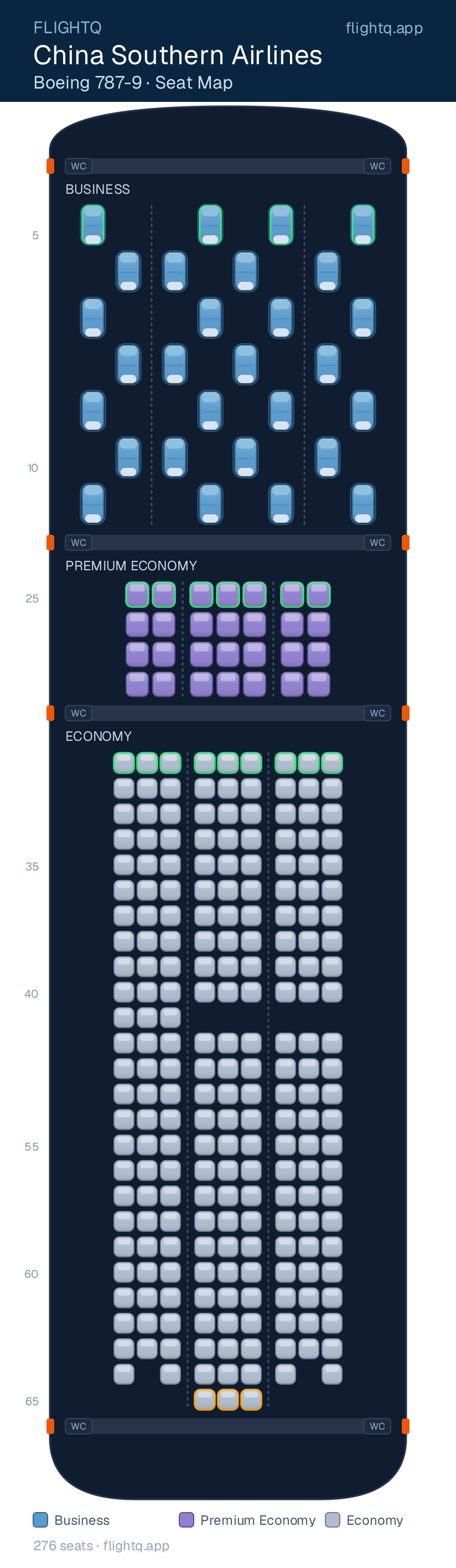China Southern Airlines Boeing 787-9 Dreamliner seat map with 276 seats across 3 cabins — best seats and rows to avoid