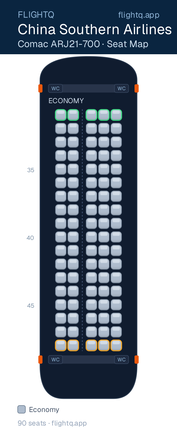 China Southern Airlines Comac ARJ21-700 seat map with 90 seats — best seats and rows to avoid