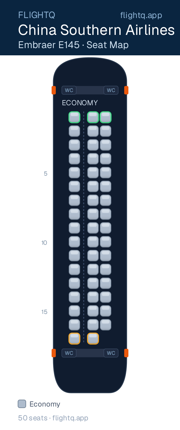 China Southern Airlines Embraer E145 seat map with 50 seats — best seats and rows to avoid