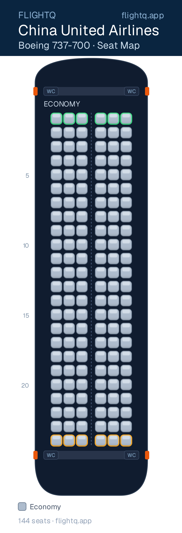 China United Airlines Boeing 737-700 seat map with 144 seats — best seats and rows to avoid