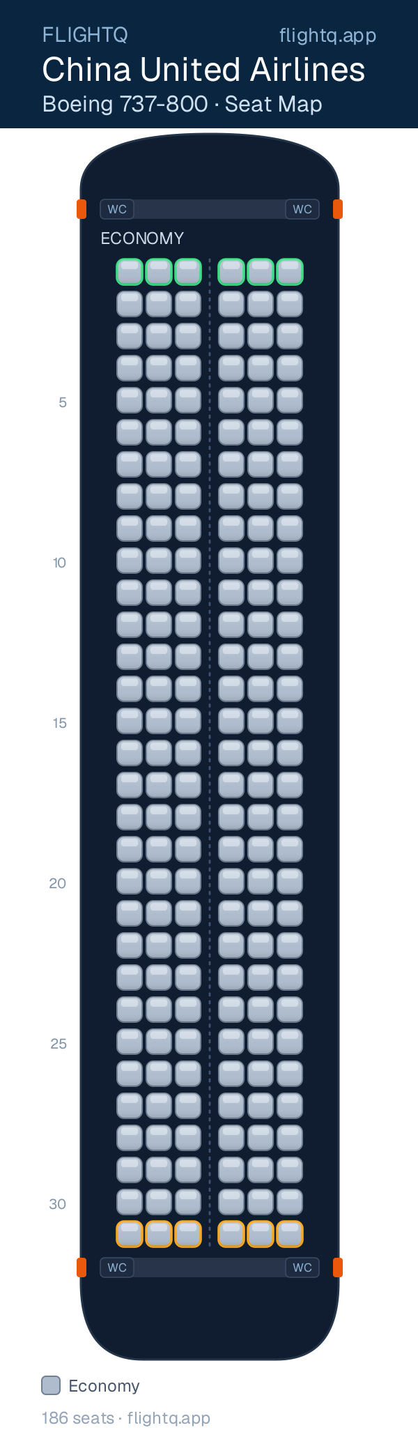 China United Airlines Boeing 737-800 seat map with 186 seats — best seats and rows to avoid