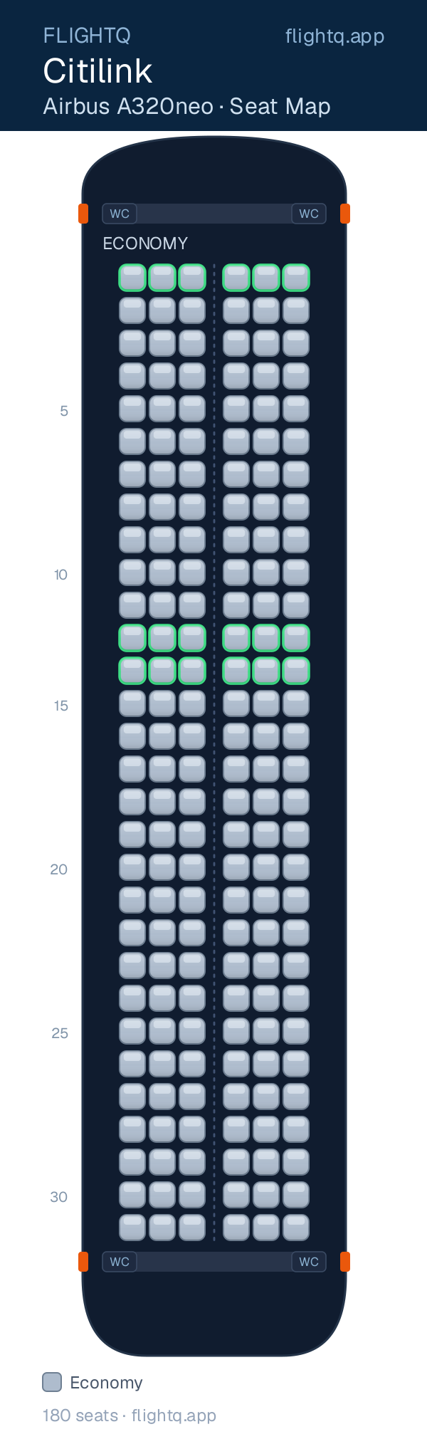 Citilink Airbus A320neo seat map with 180 seats — best seats and rows to avoid